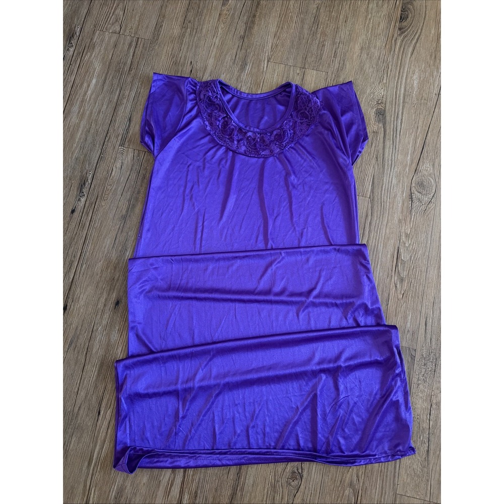 Vintage Nightgown Purple No Tags Lace Collar Long Satin Soft Elegant Crew Neck